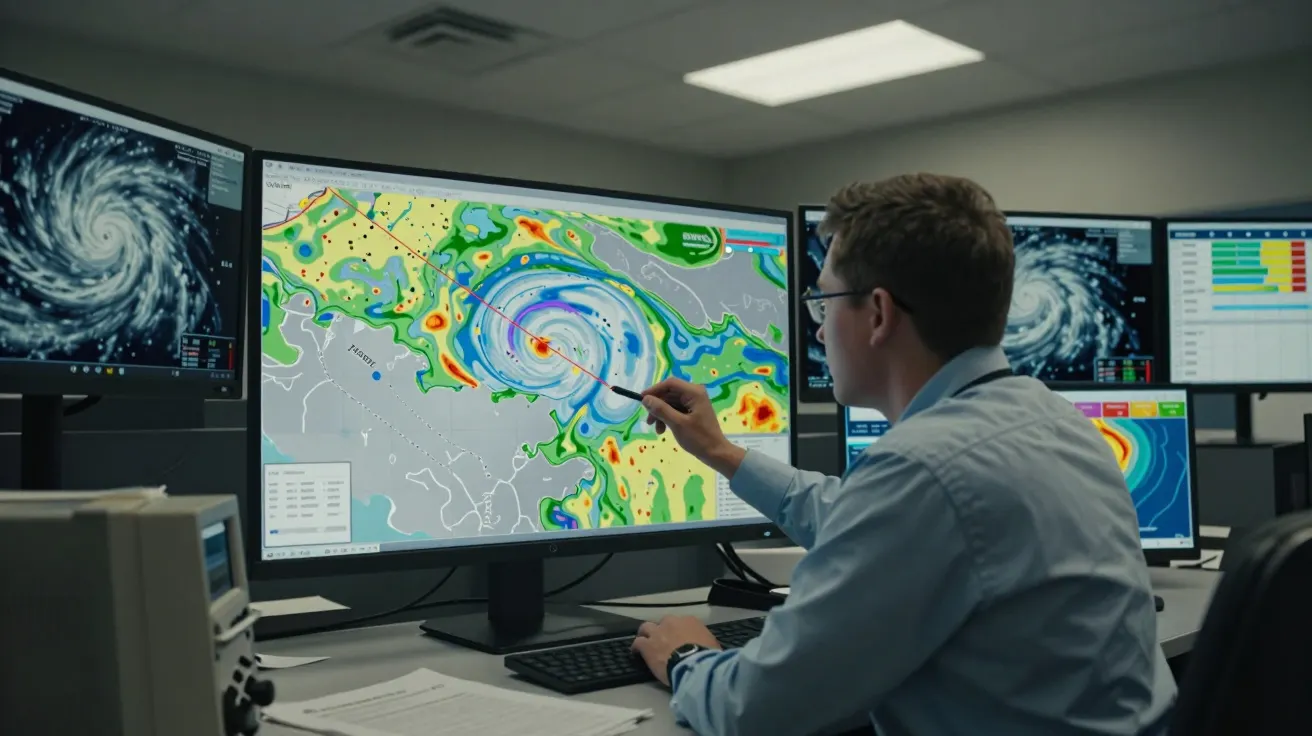 Meteorologist analyses storm data on multiple screens in an office, using a stylus on a large central monitor.