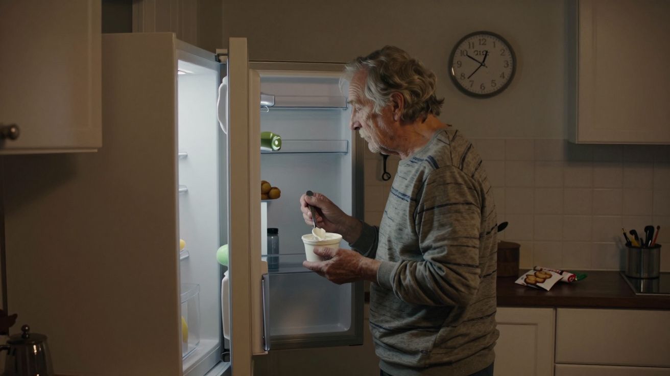 Elderly man in a kitchen eating from a bowl in front of an open fridge, clock on wall showing late evening time.