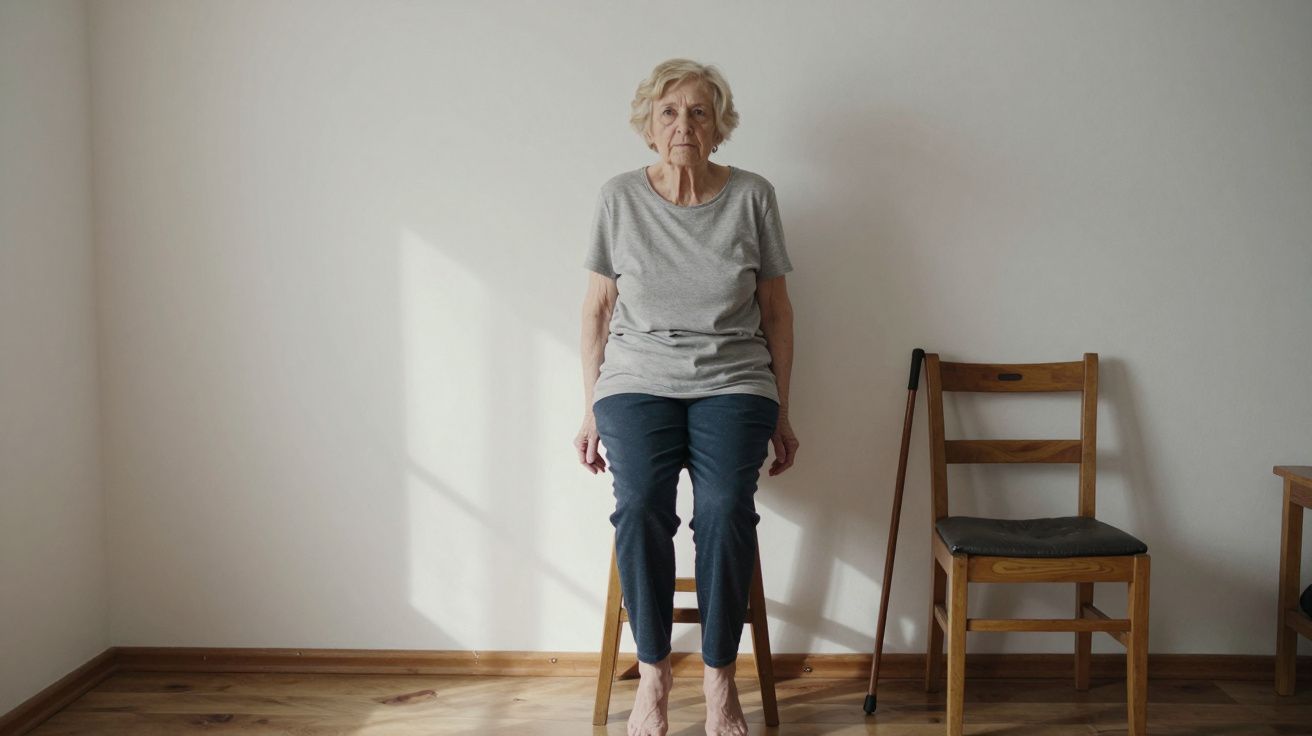 Elderly woman sitting on a chair in a sunlit room, next to a cane and an empty chair.