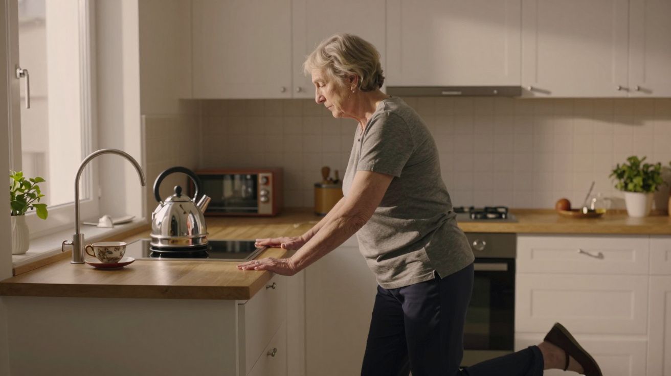 Elderly woman in kitchen, leaning on counter, kettle and cup nearby, bright sunlight through window.