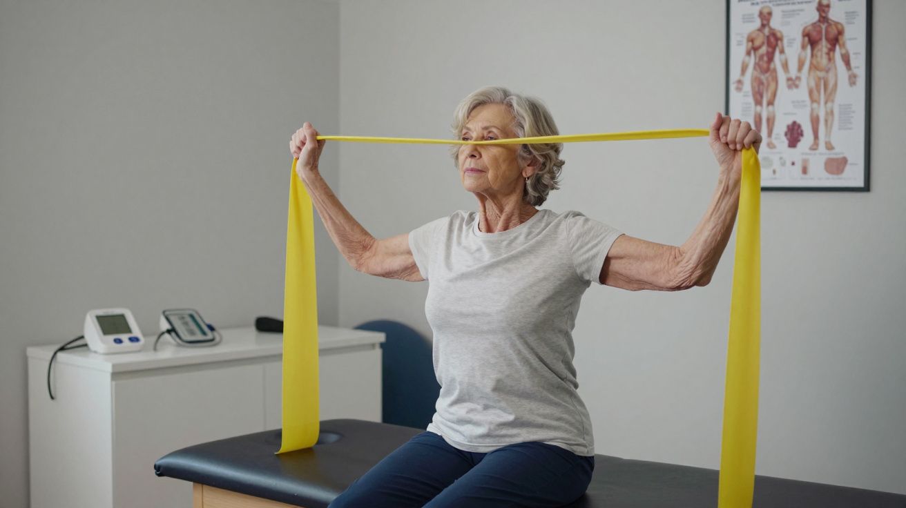 Elderly woman stretching with a yellow resistance band on a therapy table in a room with anatomical charts.
