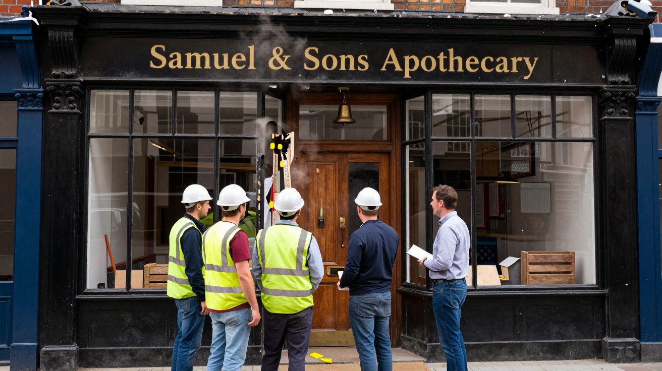 Workers in hard hats examine the storefront of Samuel & Sons Apothecary with a clipboard.