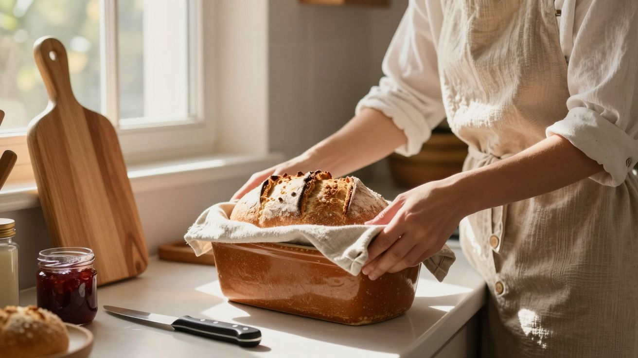 Person placing freshly baked bread in a dish on a kitchen counter near a window with sunlight streaming in.