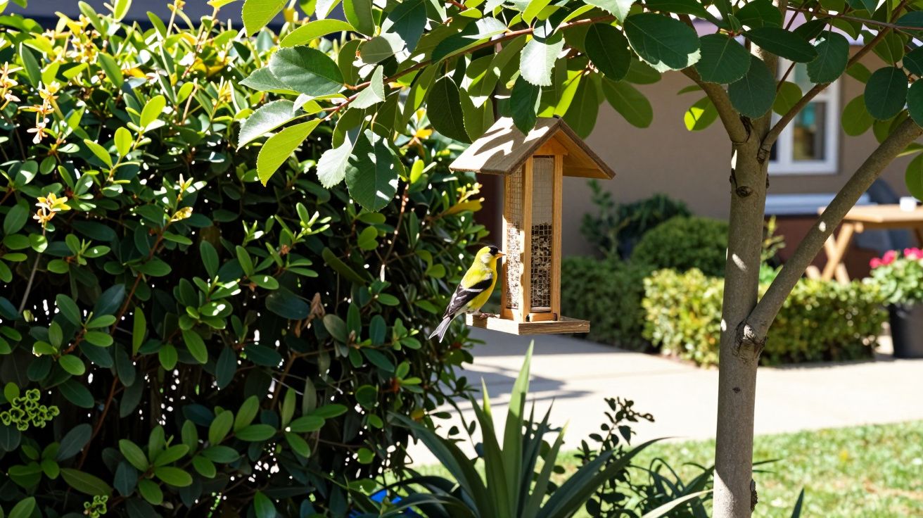 Yellow bird perched on a wooden bird feeder, surrounded by leafy greenery in a garden setting.