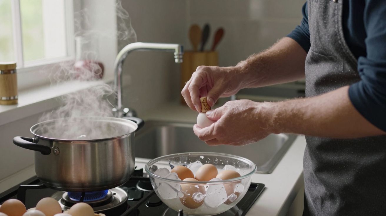 Person cracking eggs into a bowl beside a steaming pot on a stove in a kitchen.