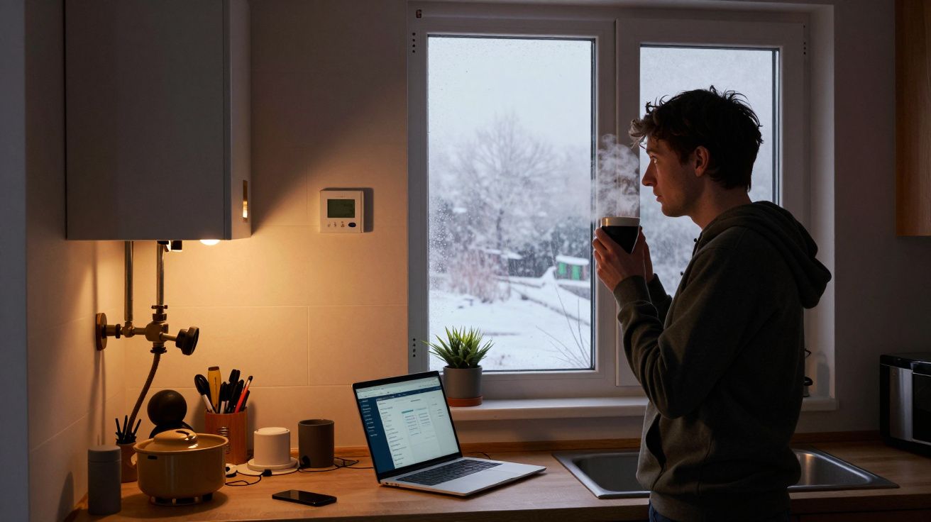 Person in kitchen with laptop, drinking a hot beverage, looking out at snowy garden through a window.
