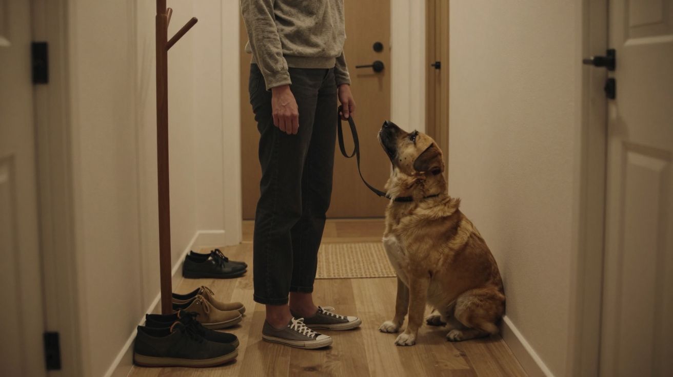 Person holding a leash looks at a sitting dog in a hallway with shoes by the door.