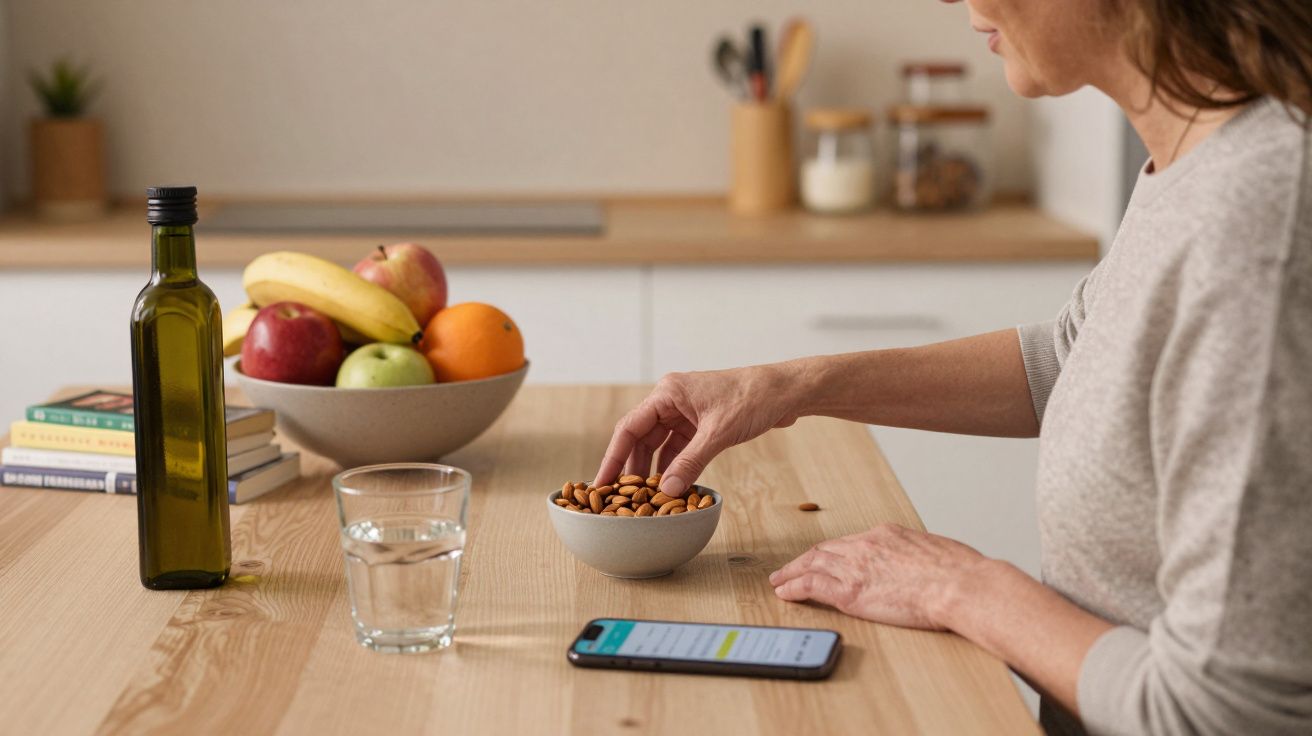 Woman reaching for almonds in a bowl on a kitchen table with fruit, olive oil, books, water, and a mobile phone.