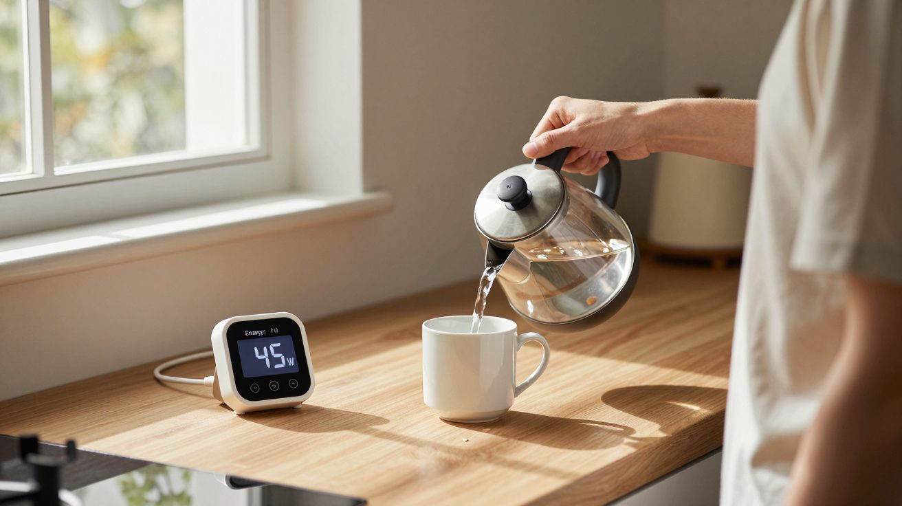 Person pours water into white mug near energy meter displaying 45W on wooden kitchen counter by window.