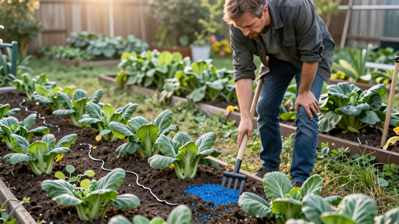 Man using tool to spread blue granules in soil among small leafy plants in a garden during the day.