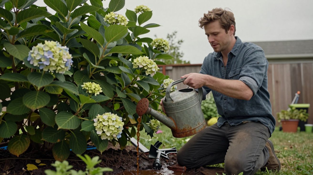Man kneeling in garden, watering hydrangea bush with a metal watering can.
