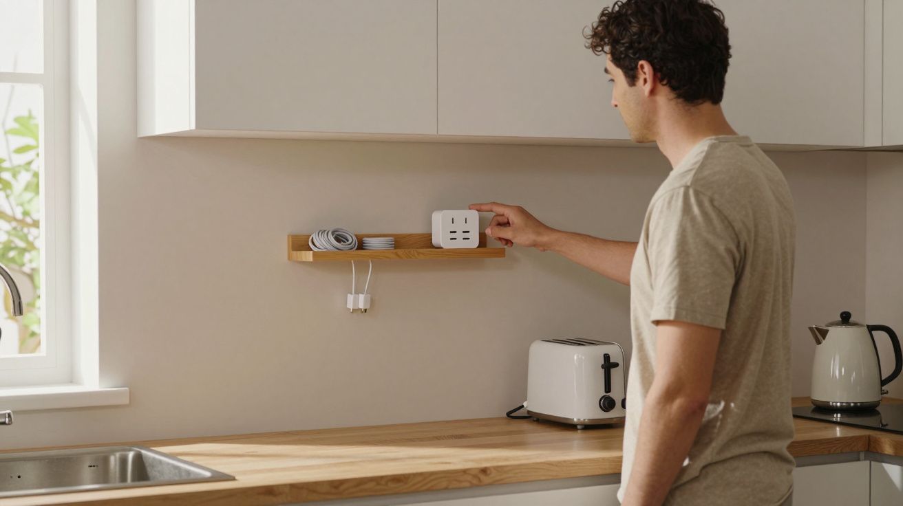 Man in beige shirt adjusting a smart plug on a wall shelf in a modern kitchen with a toaster and kettle on the counter.