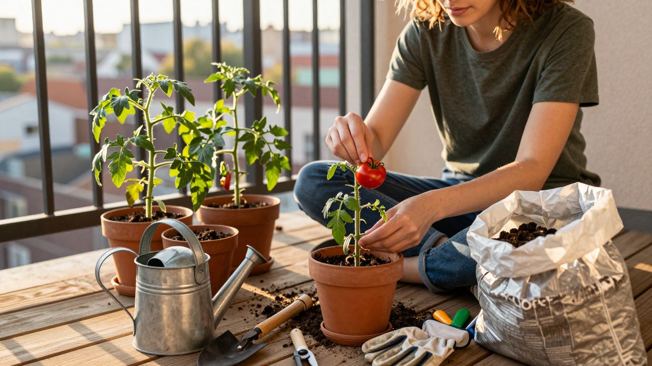 Person gardening on a balcony, tending to potted tomato plants with a watering can and tools nearby.
