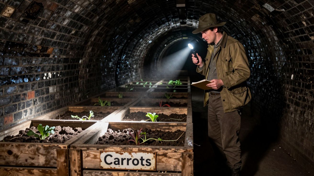 Man in underground tunnel inspects carrot plants with torch, wearing a hat and holding a notebook.