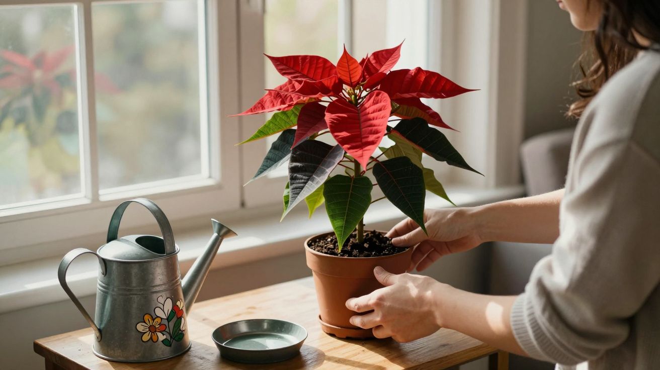 Person arranging a poinsettia plant on a wooden table next to a watering can near a window.