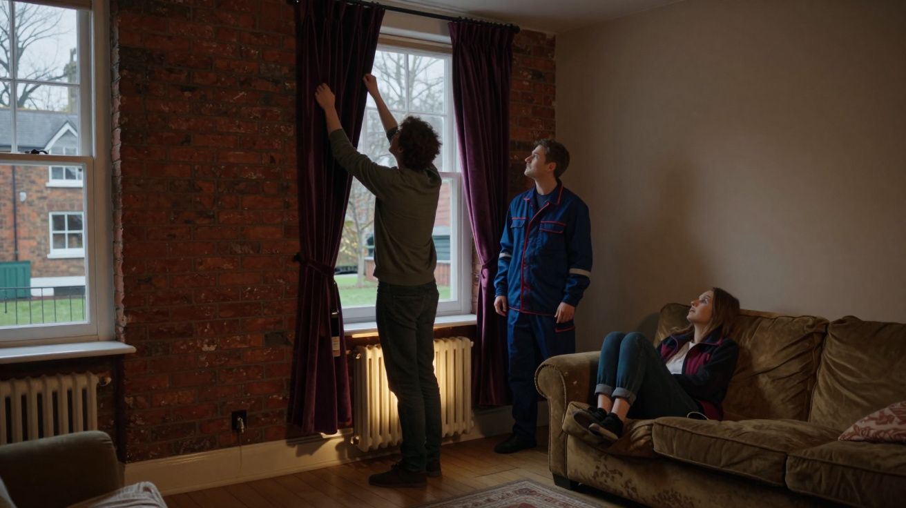 Two men standing by a window with curtains, a woman sitting on a brown sofa in a brick-walled room.