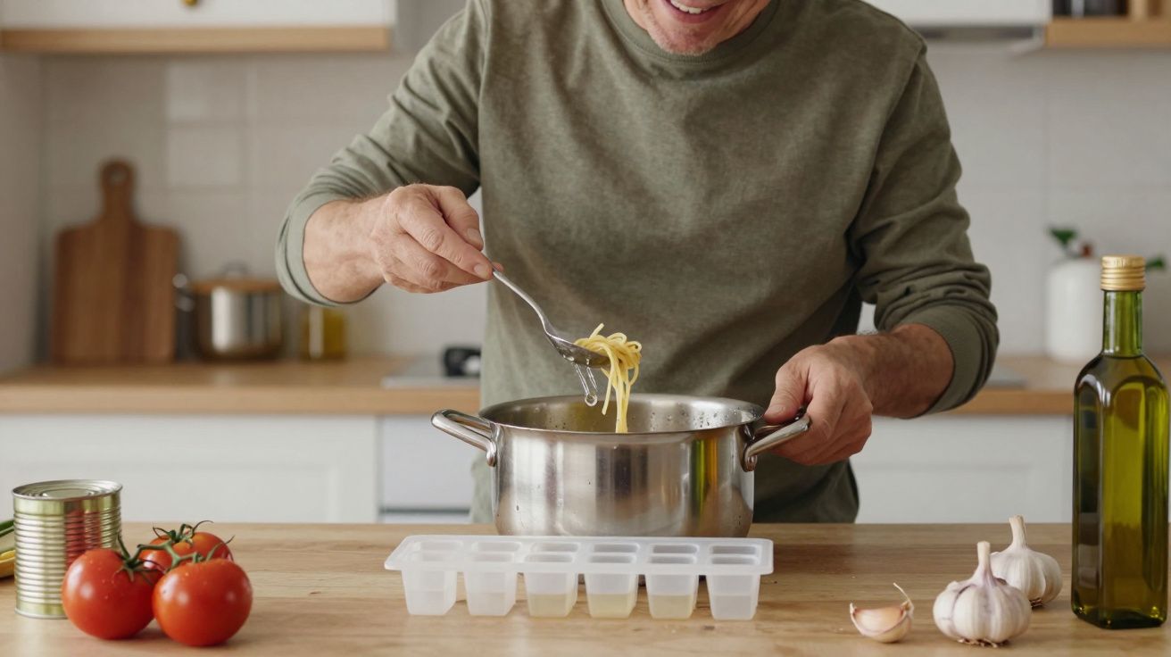 Man cooking spaghetti in a kitchen, surrounded by tomatoes, olive oil, and garlic on a wooden counter.