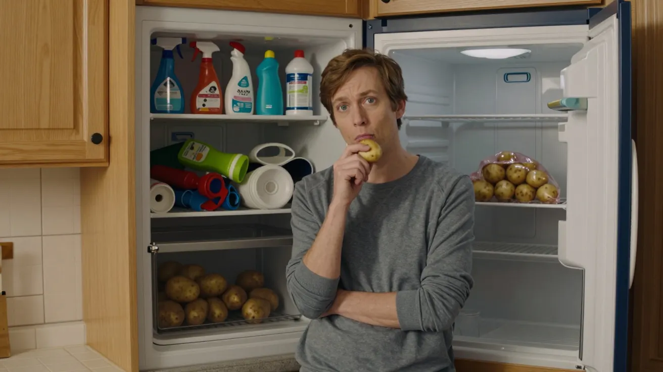 Man standing by an open fridge stocked with potatoes and cleaning products, holding a potato to his mouth thoughtfully.