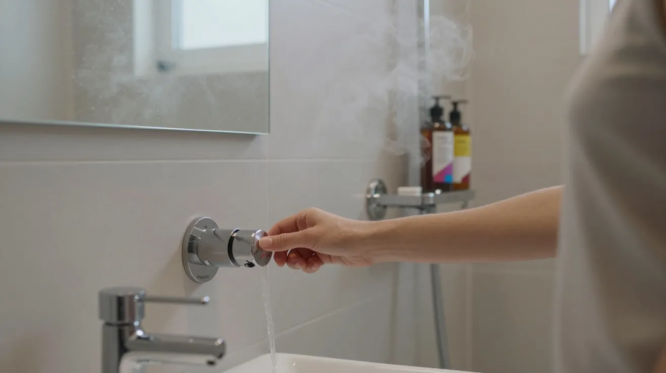 Hand adjusting a shower control, releasing steam in a bathroom with a sink and toiletries visible in the background.