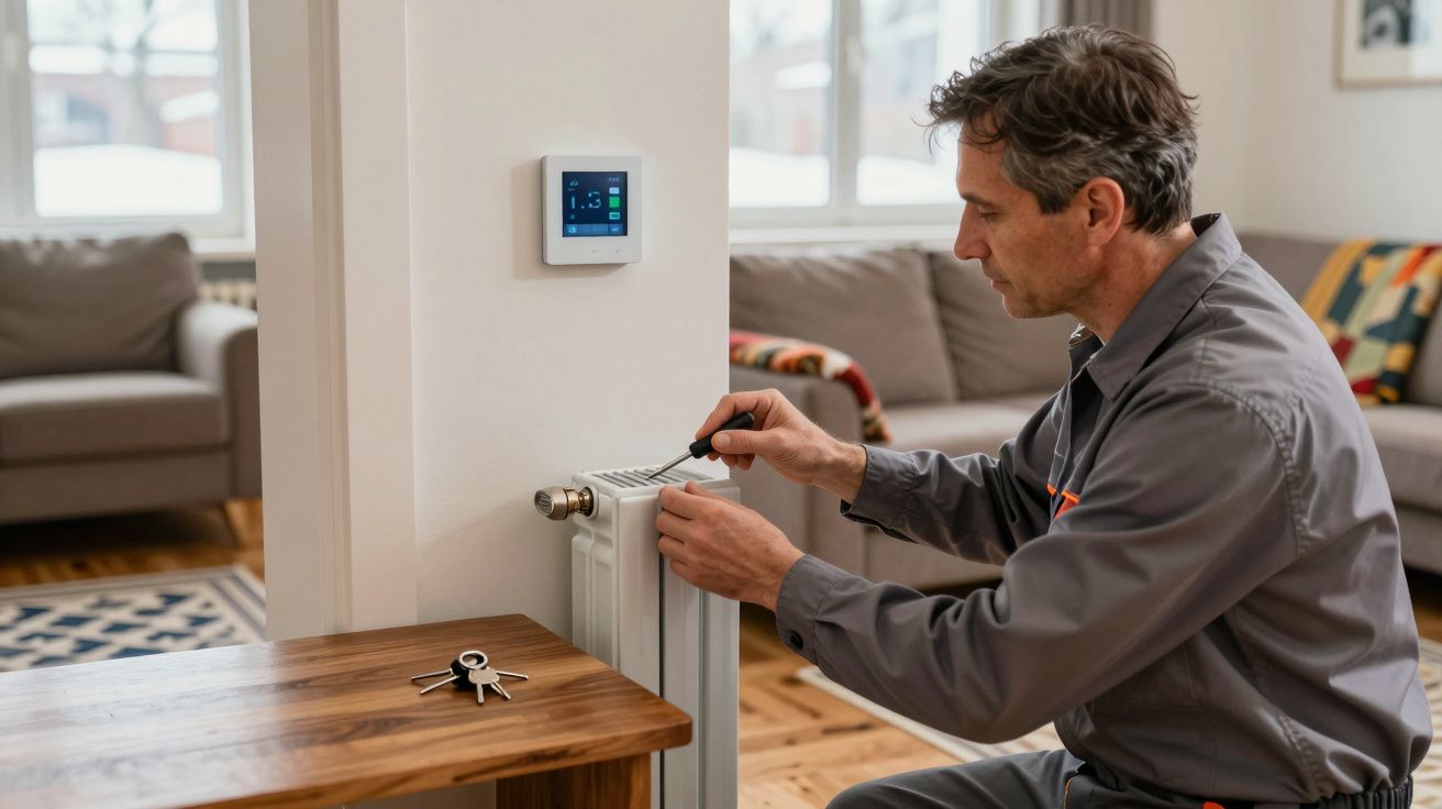 A man in overalls adjusts a home radiator, beside a digital thermostat, in a cosy living room with a sofa.