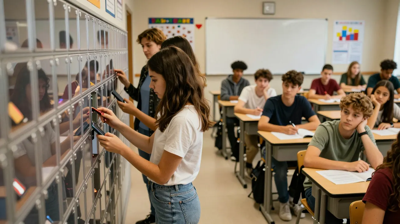 Students sitting in a classroom, with two students using lockers, while others are seated at desks, listening attentively.