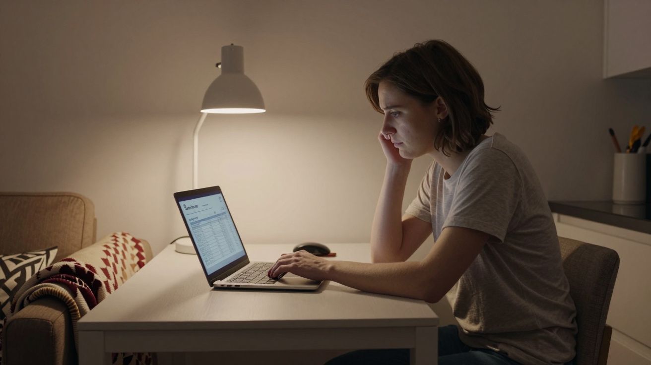 Person working on a laptop at a table, illuminated by a desk lamp in a dimly lit room.