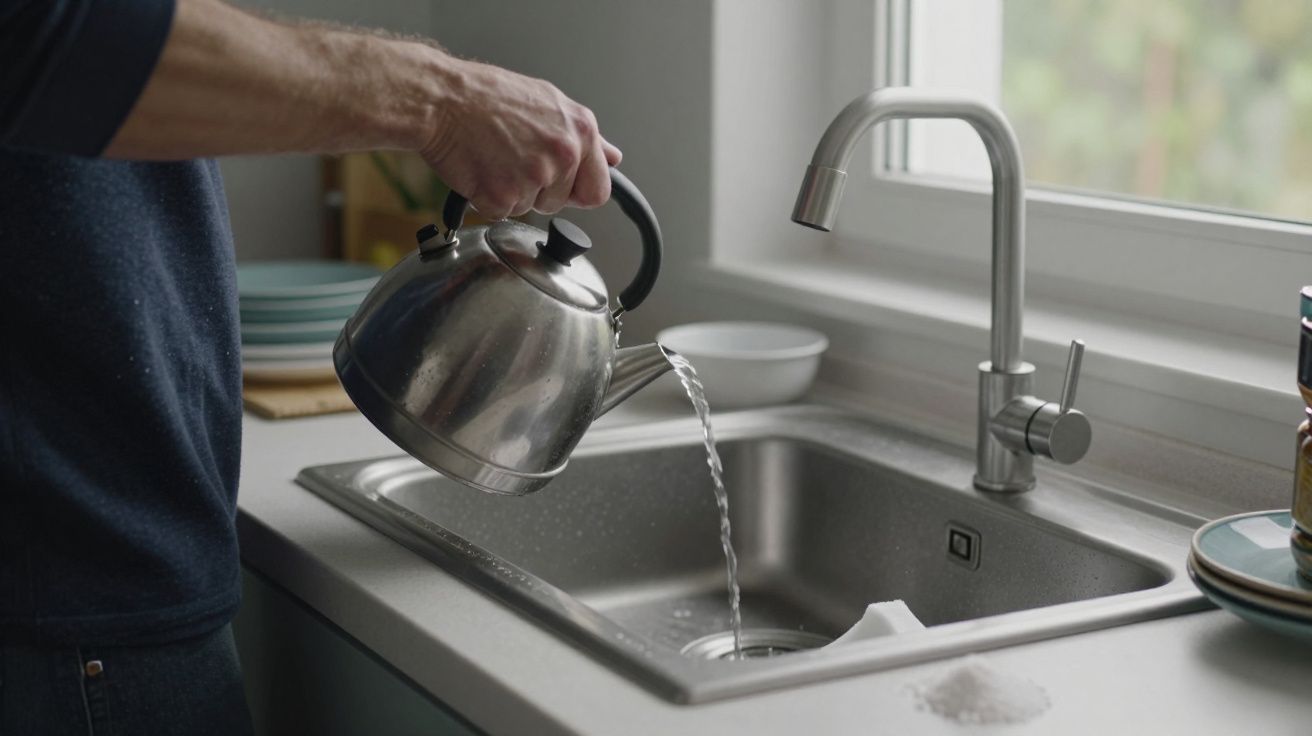 Person pouring water from a kettle into a kitchen sink by a window.