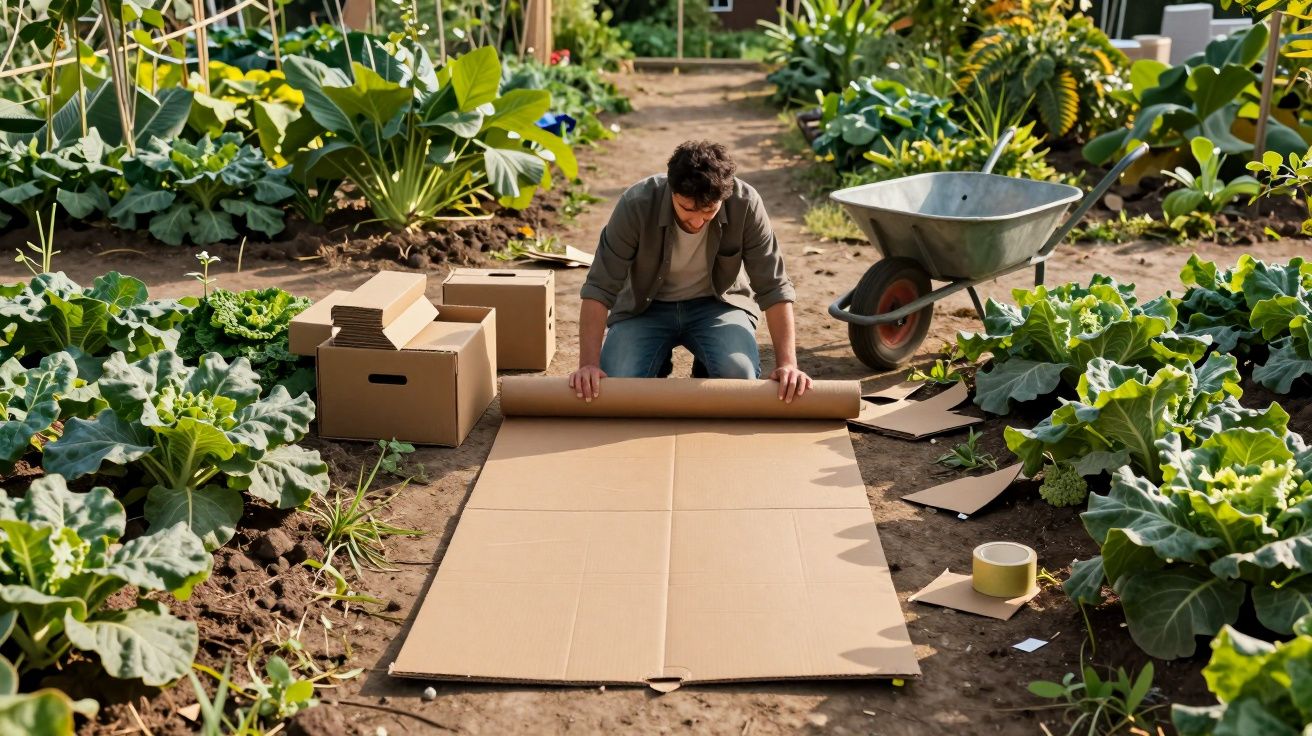 Person spreading cardboard in a vegetable garden with boxes and wheelbarrow nearby, surrounded by green plants.
