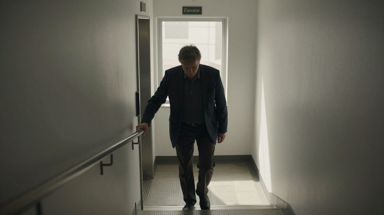 Man descending stairs in a well-lit hallway with an elevator sign above the doorway.
