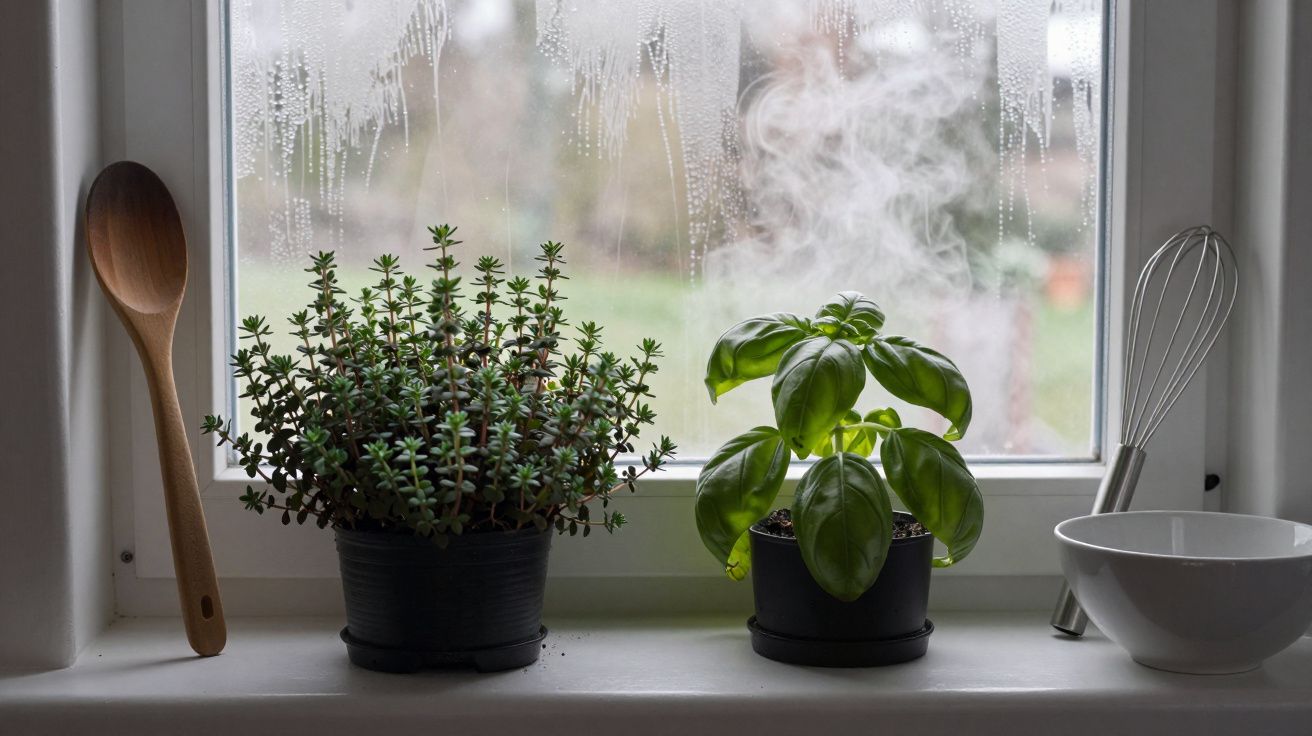 Herb plants on a misted window ledge with wooden spoon, whisk, and bowl, against a blurred outdoor background.