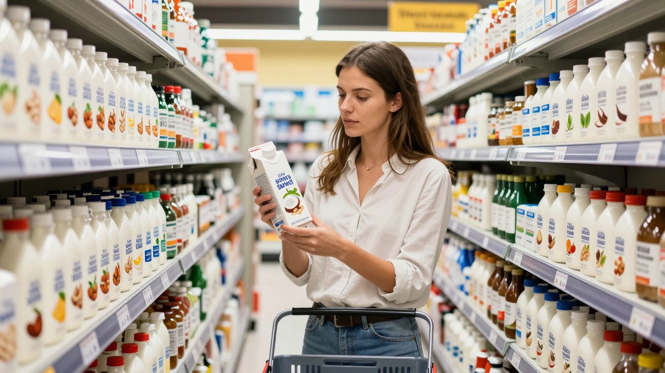 Woman in white shirt holding juice carton, shopping in supermarket aisle with a trolley.