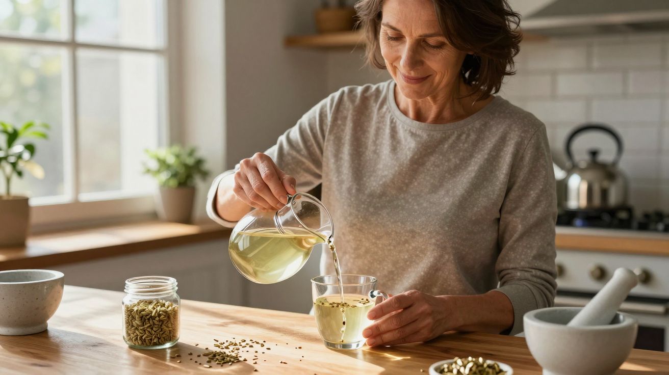 Woman pouring herbal tea into a mug in a cosy kitchen with a warm, natural glow.