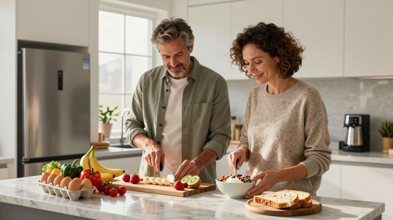 Man and woman smiling, preparing fruit and bread on a kitchen counter with eggs and vegetables nearby.