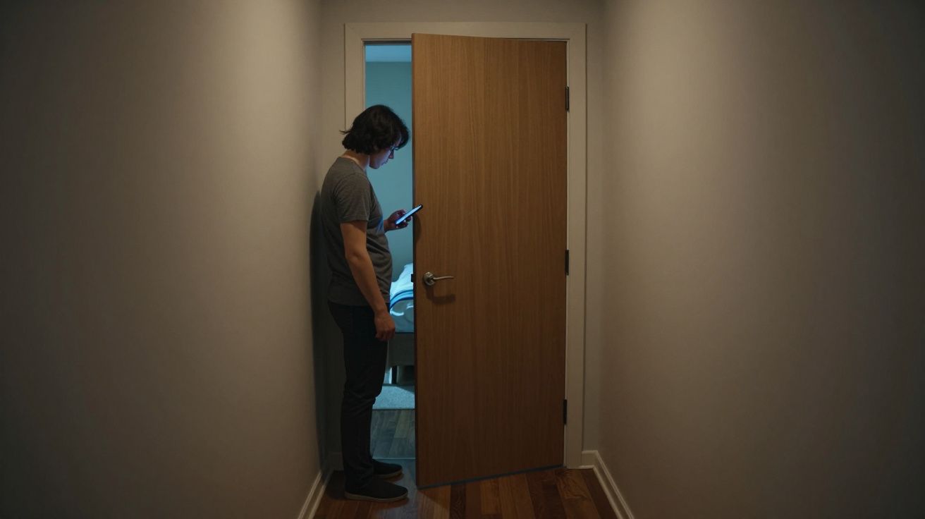 Person in dimly lit corridor texting on phone, partially open door revealing a lit room behind.