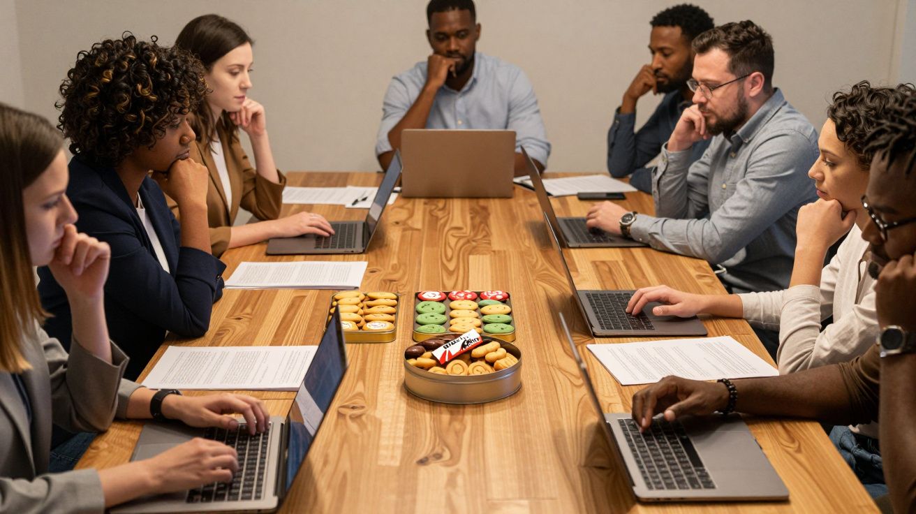 Colleagues at a long wooden table using laptops, focused on work, with a tray of assorted biscuits in the centre.