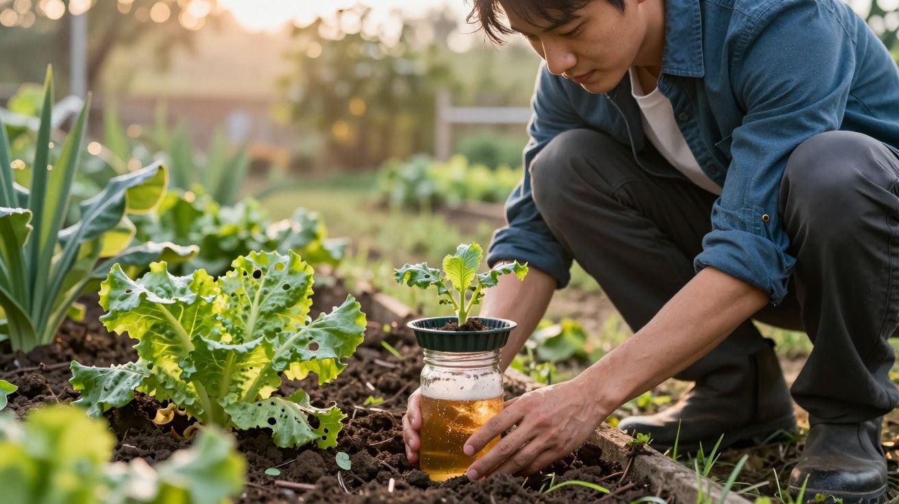 Man kneeling in garden, planting a young vegetable in soil using a jar as a cloche, surrounded by leafy greens.