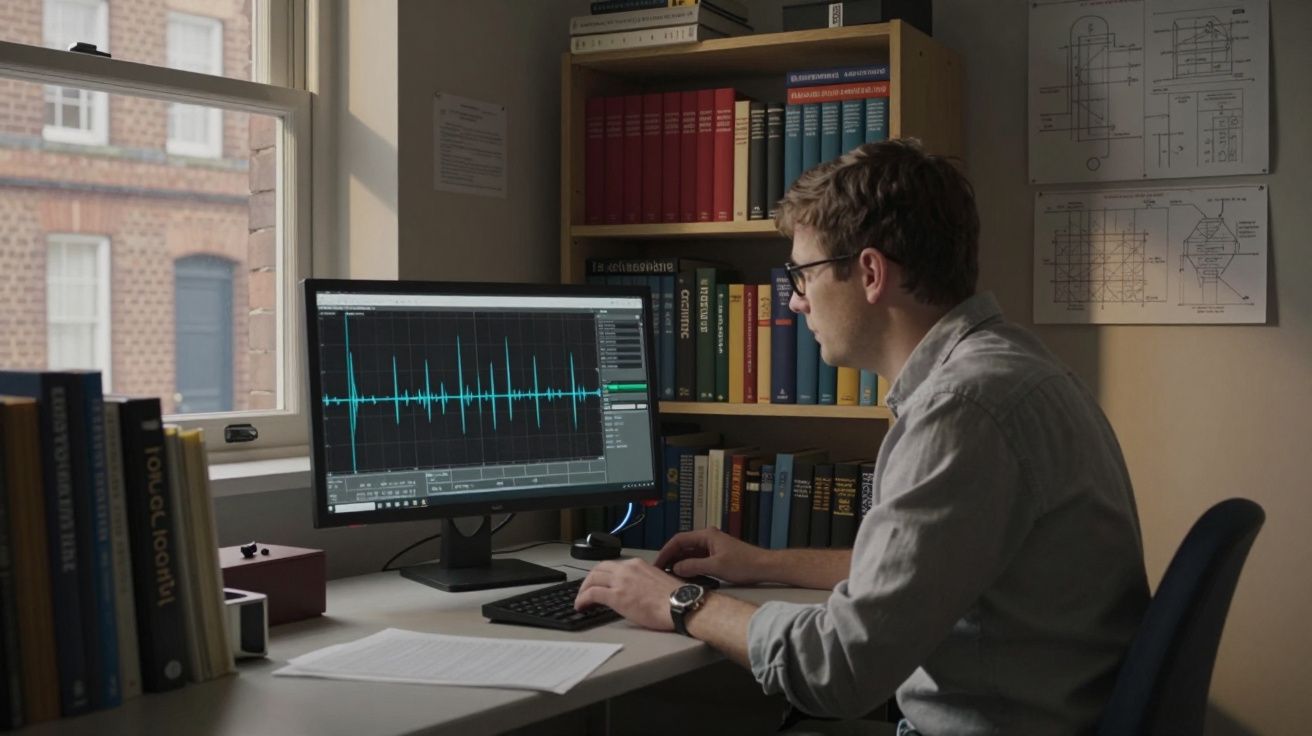 Man analysing audio waveform on computer in a study, surrounded by books and diagrams.