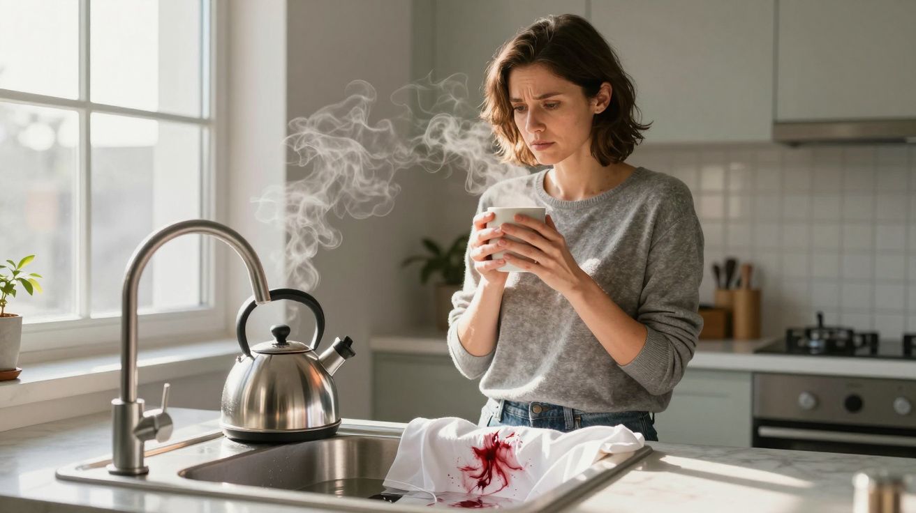 Woman in kitchen holding mug, looking worried. A bloodstained shirt lies on the counter by a steaming kettle.