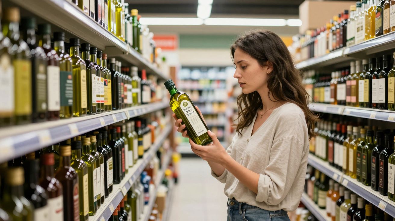 Woman shopping for olive oil in a supermarket aisle, holding a bottle and examining the label.