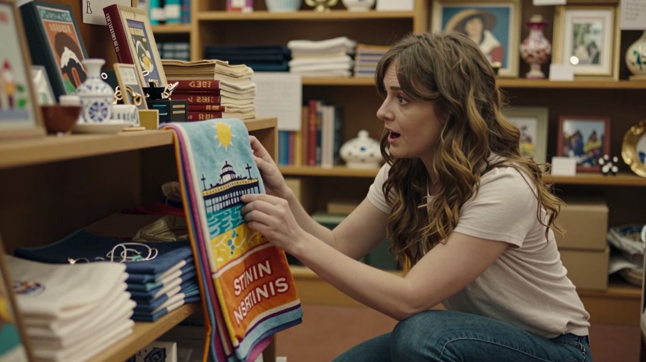 Woman examines colourful tea towels on a shelf in a shop filled with various souvenirs and books.