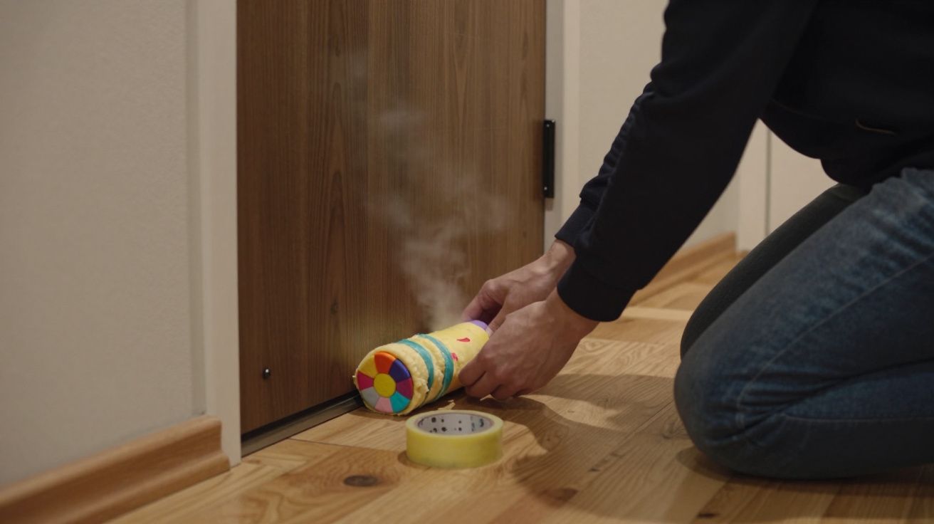 Person places a smoking colourful canister at door base on wooden floor, with yellow tape nearby.