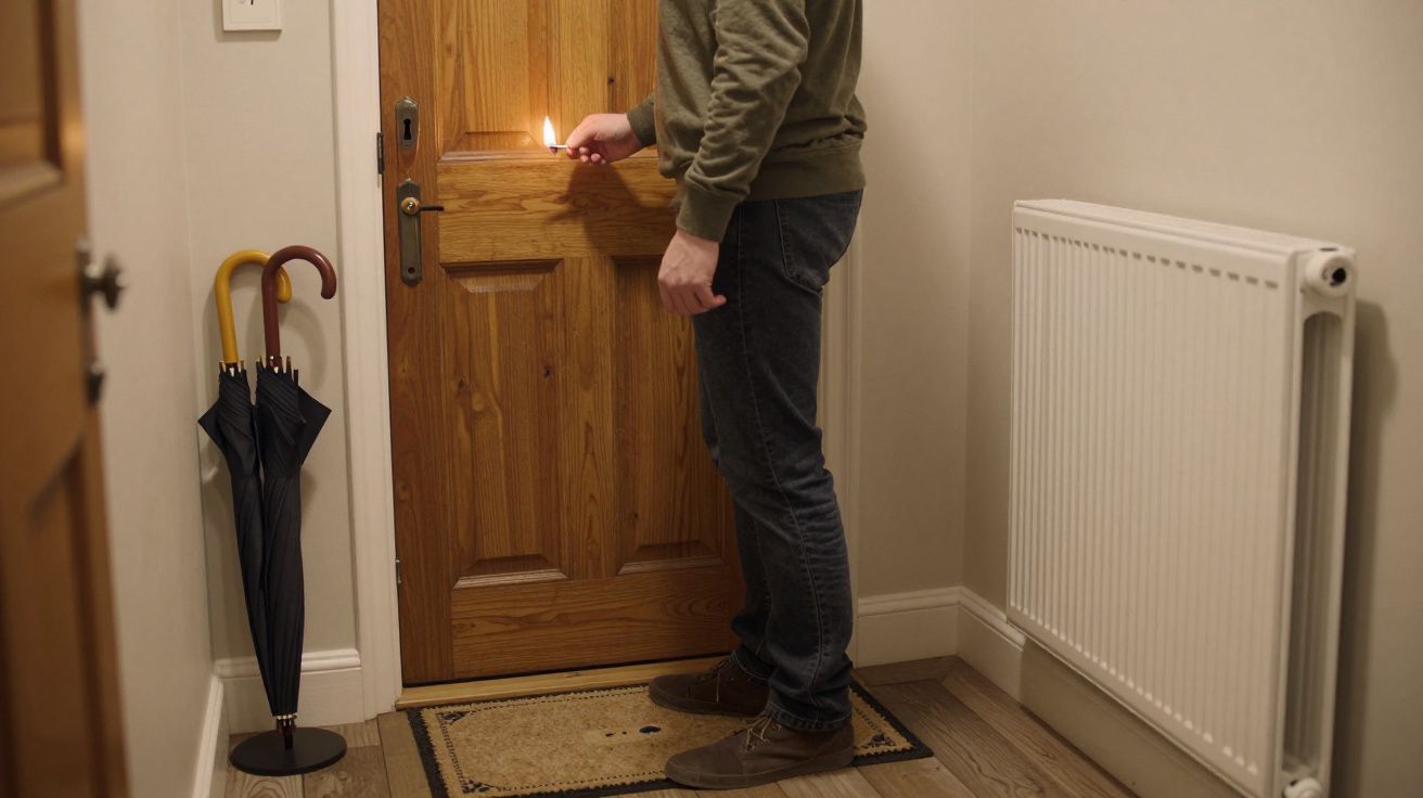 Person holding candle near a closed wooden door, with umbrellas and radiator nearby.