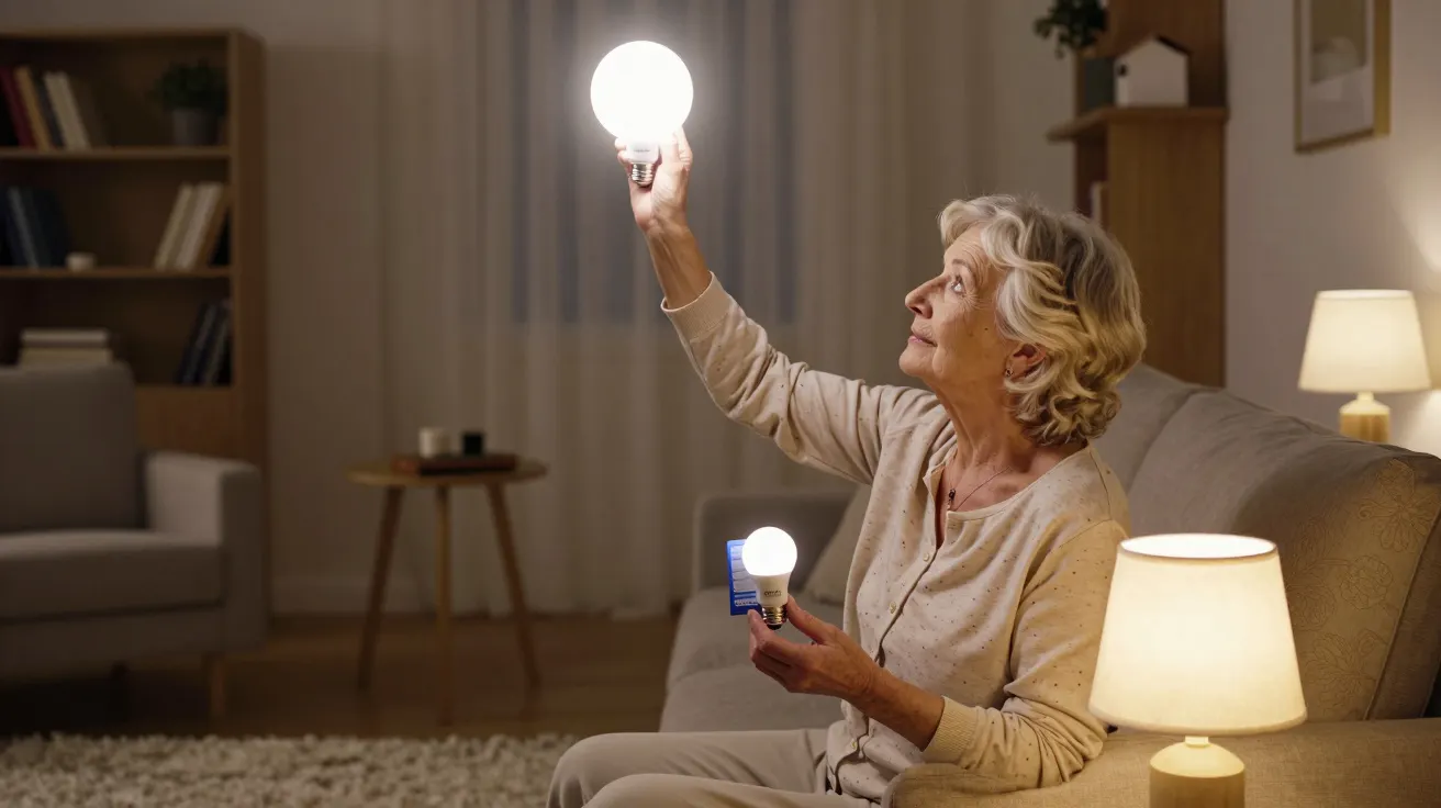 An elderly woman sitting on a sofa replaces a bright light bulb while holding another in a cosy living room illuminated by la