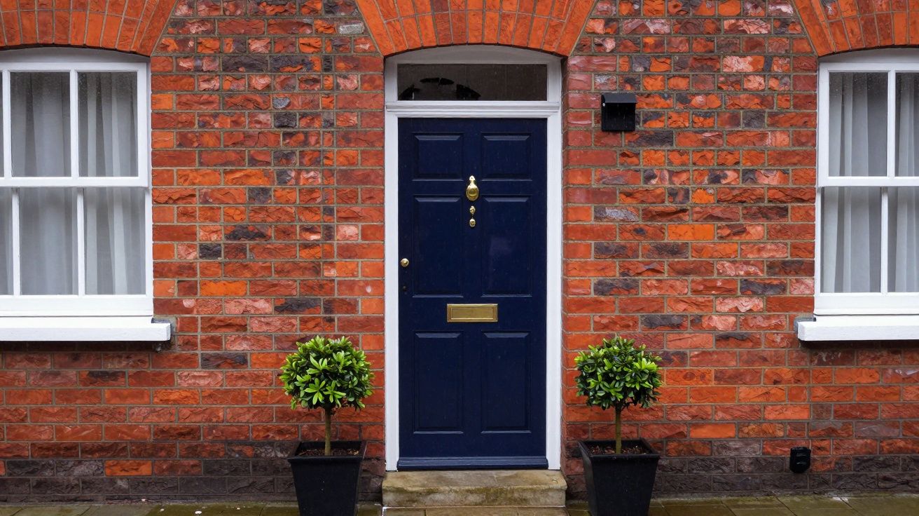 Dark blue door set in red brick wall, flanked by windows and potted plants.
