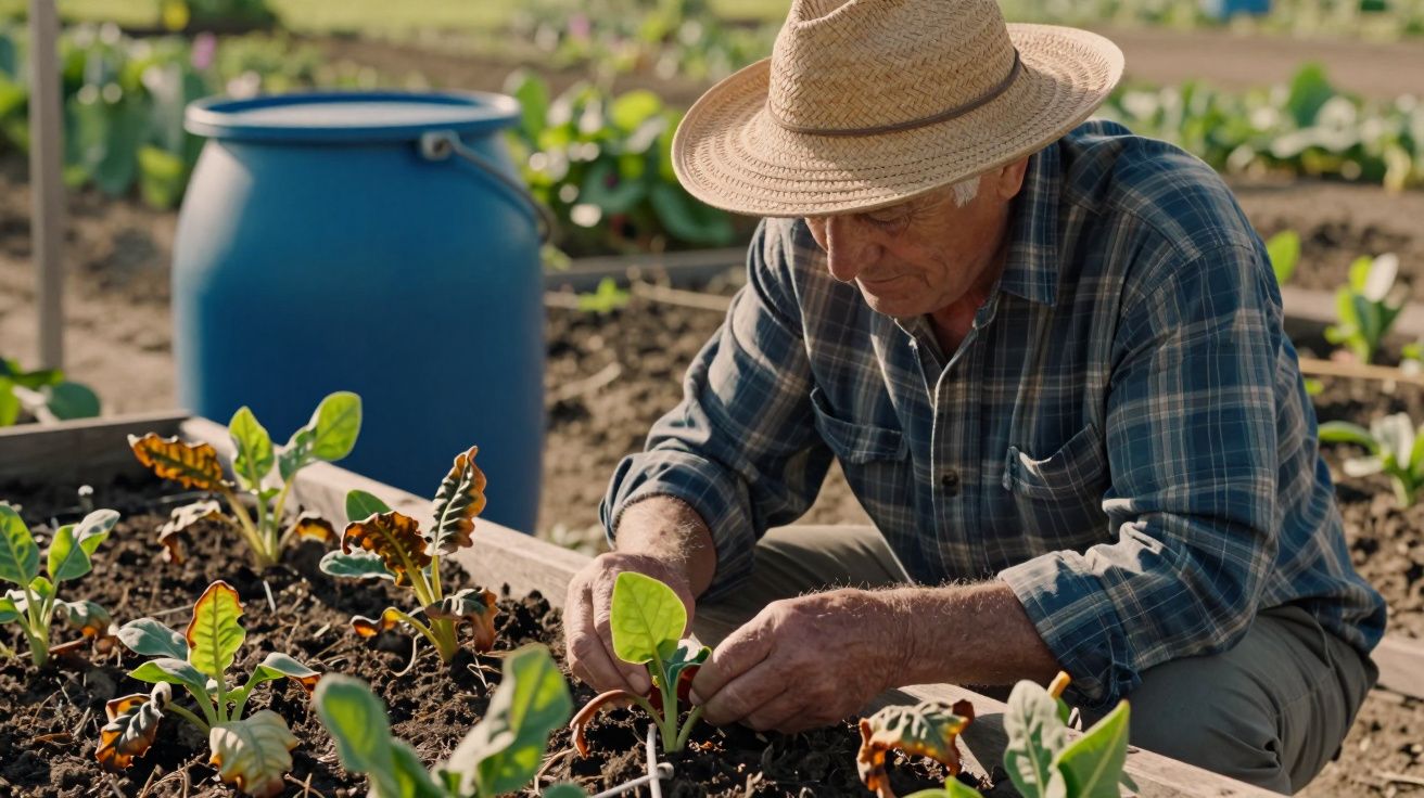 Elderly man in straw hat tending to plants in a garden, with a blue barrel in the background.