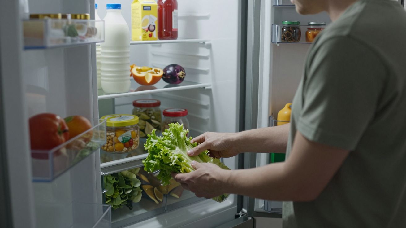 Person placing lettuce in a fridge filled with assorted vegetables, fruits, and condiments.