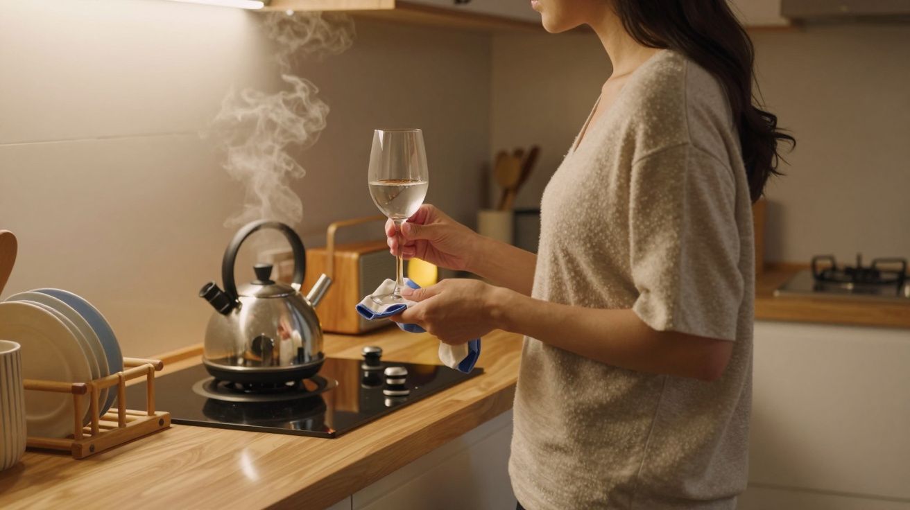 Woman in kitchen holding wine glass, steam rising from kettle on hob.