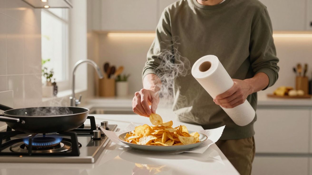 Person frying crisps on a gas stove, holding kitchen roll, in a modern kitchen setting.