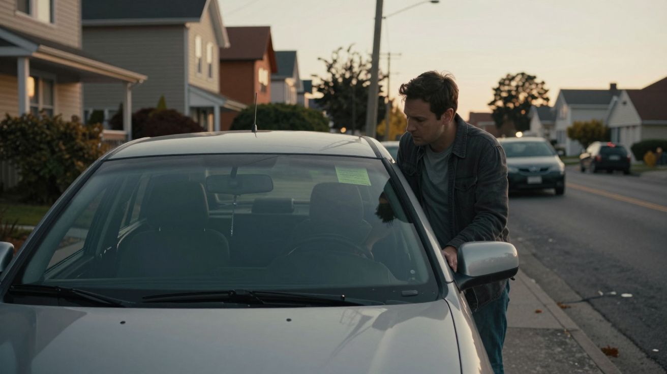 Man standing beside a parked car on a suburban street at dusk, looking inside the driver's window.