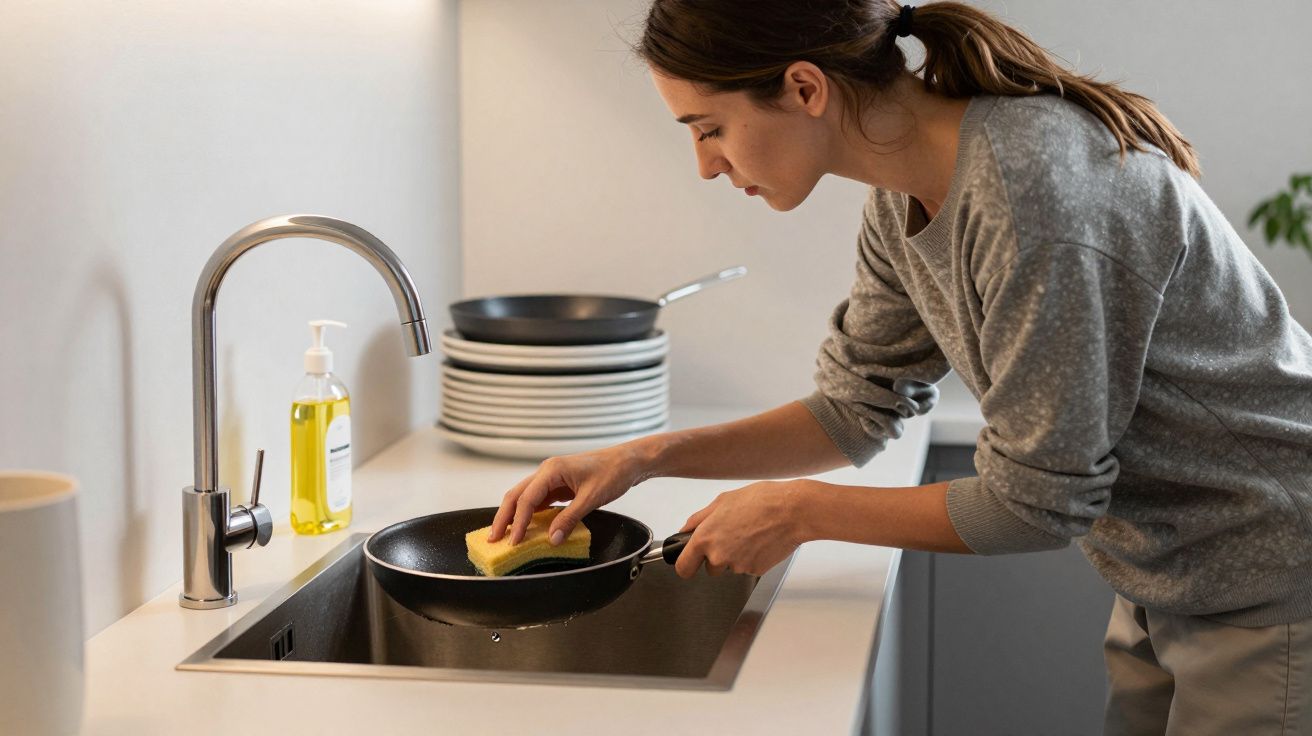 Woman cleaning a frying pan at the kitchen sink with soap and water.